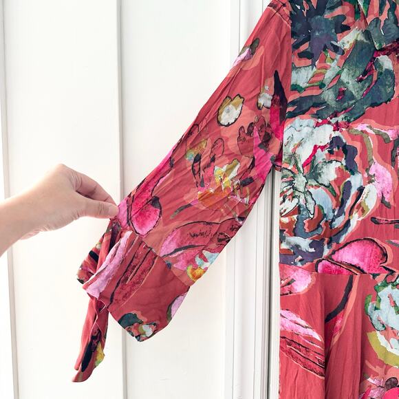 Soft Surroundings Red Watercolor Floral Viscose Colllared Midi Dress Medium - Picture 4 of 9